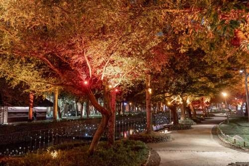 護城河周邊以暖色系點燈增添佳節氣氛